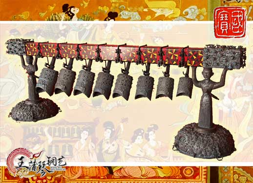 8件古編鐘，銅人銅座裝飾，可發(fā)音